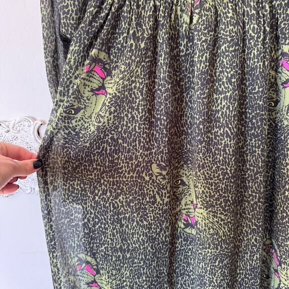 Betsy Johnson Green and Black Leopard animal Print Smocked Tiered Midi Dress S - Picture 8 of 12